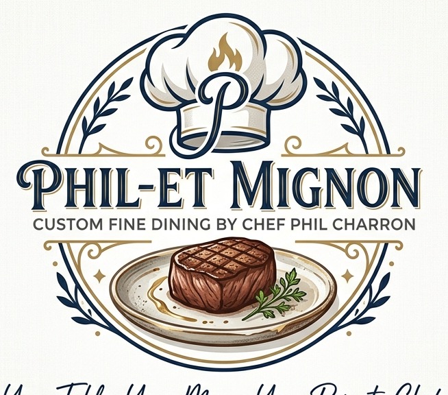 Phil-et Mignon crest: a chef's hat above a filet mignon on a plate, ringed with laurel
