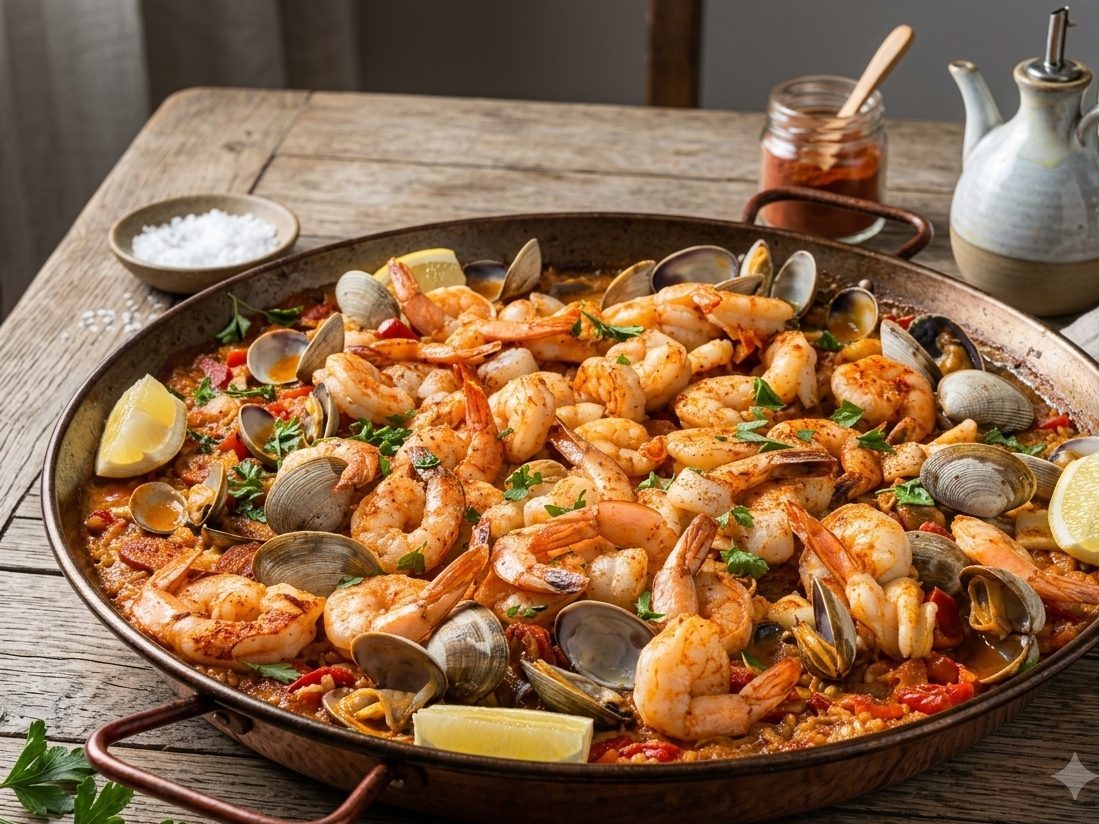 Paella with shrimp and clams in a wide copper pan