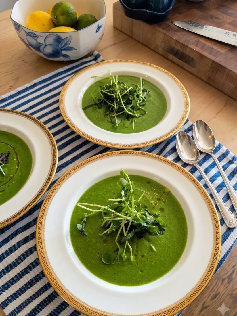 Chilled green pea soup in gold-rimmed bowls topped with pea shoots