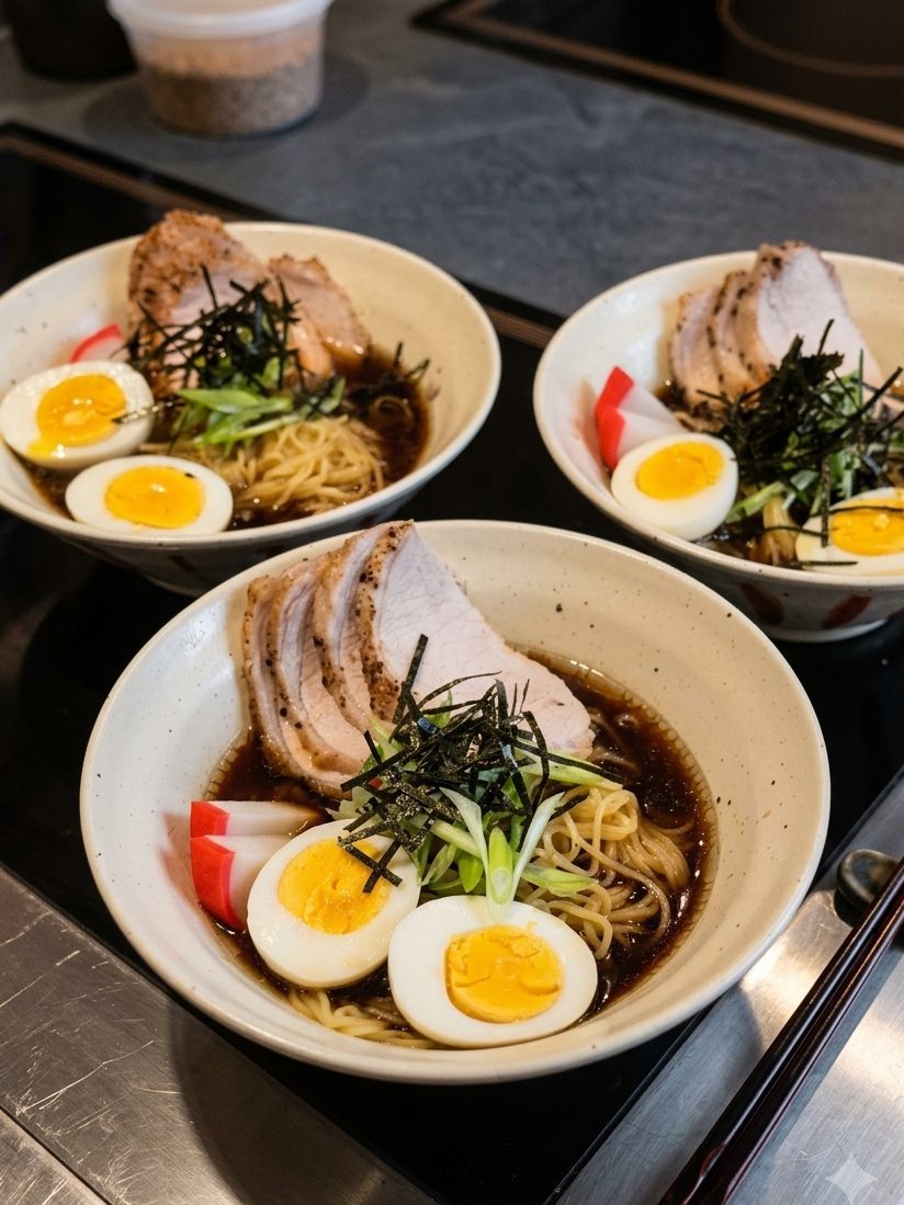 Bowls of shoyu ramen with sliced pork, soft egg and nori