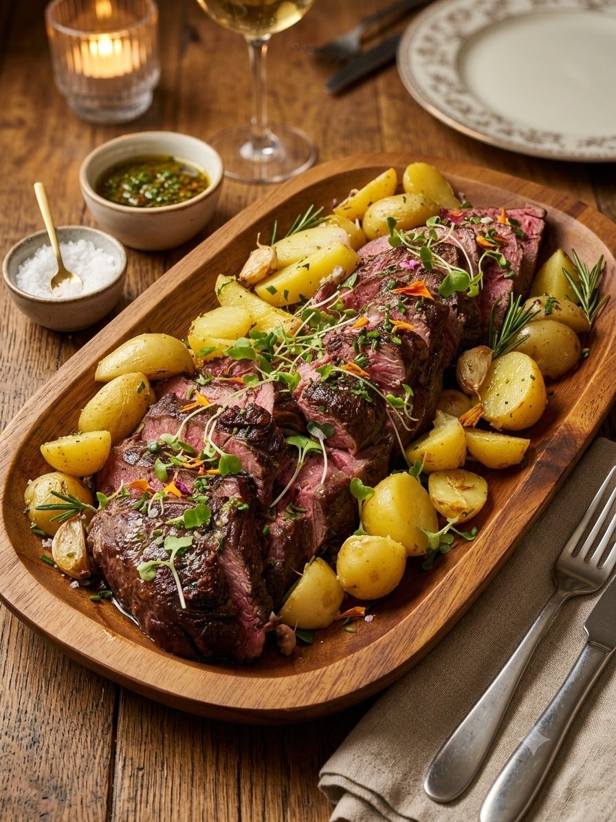Sliced reverse-seared tenderloin with new potatoes, rosemary and chimichurri on a wooden platter