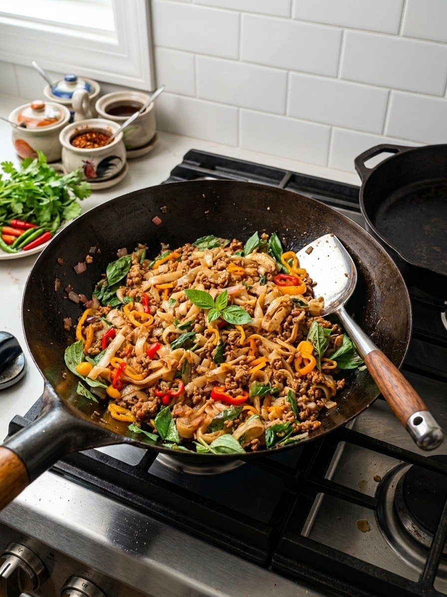 Pad kee mow: wide rice noodles with ground pork, chilis and basil in a carbon steel wok